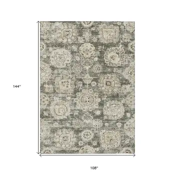 9' X 12' Taupe Beige And Gray Floral Washable Indoor Outdoor Area Rug