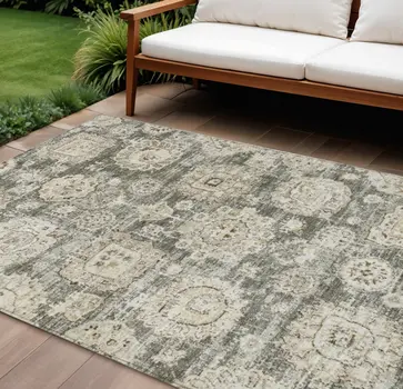 10' X 14' Taupe Beige And Gray Floral Washable Indoor Outdoor Area Rug