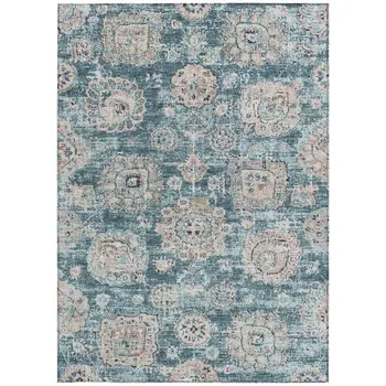 3' X 5' Teal Blue And Sky Blue Floral Washable Indoor Outdoor Area Rug