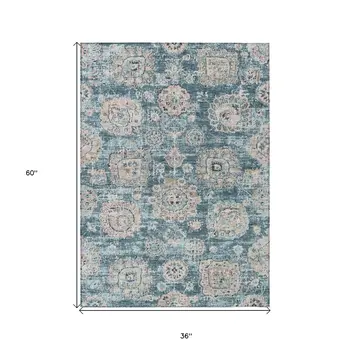 3' X 5' Teal Blue And Sky Blue Floral Washable Indoor Outdoor Area Rug