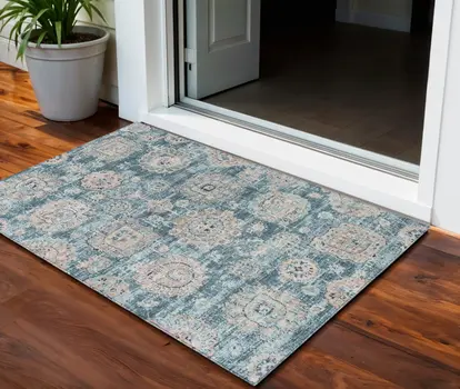 3' X 5' Teal Blue And Sky Blue Floral Washable Indoor Outdoor Area Rug