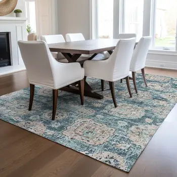 5' X 8' Teal Blue And Sky Blue Floral Washable Indoor Outdoor Area Rug