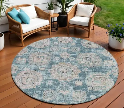 8' Teal Blue And Sky Blue Round Floral Washable Indoor Outdoor Area Rug