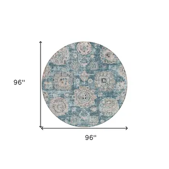 8' Teal Blue And Sky Blue Round Floral Washable Indoor Outdoor Area Rug