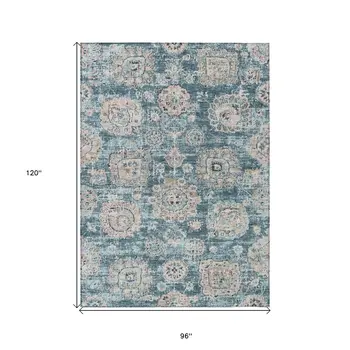 8' X 10' Teal Blue And Sky Blue Floral Washable Indoor Outdoor Area Rug