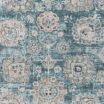 8' X 10' Teal Blue And Sky Blue Floral Washable Indoor Outdoor Area Rug