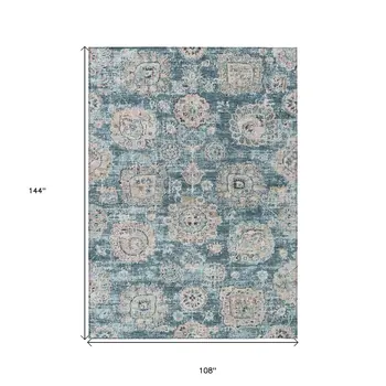9' X 12' Teal Blue And Sky Blue Floral Washable Indoor Outdoor Area Rug