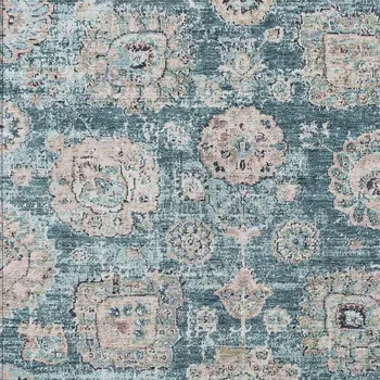 10' X 14' Teal Blue And Sky Blue Floral Washable Indoor Outdoor Area Rug