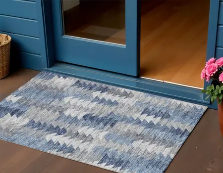 3' X 5' Navy Blue And Sky Blue Geometric Washable Indoor Outdoor Area Rug