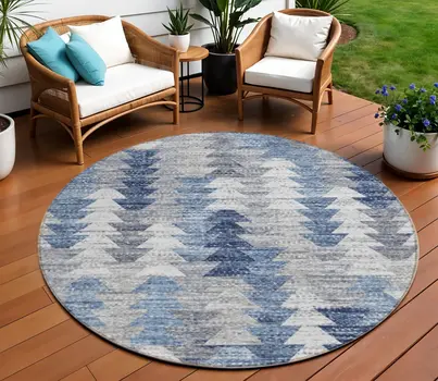 8' Navy Blue And Sky Blue Round Geometric Washable Indoor Outdoor Area Rug