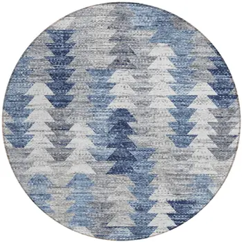 8' Navy Blue And Sky Blue Round Geometric Washable Indoor Outdoor Area Rug