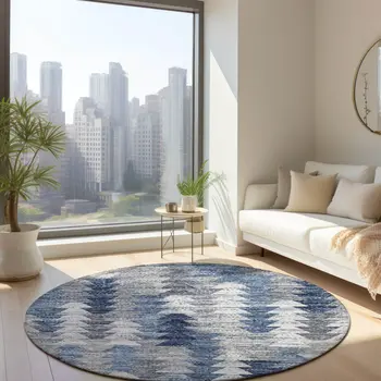 8' Navy Blue And Sky Blue Round Geometric Washable Indoor Outdoor Area Rug