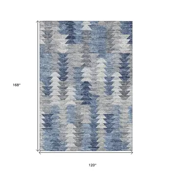 10' X 14' Navy Blue And Sky Blue Geometric Washable Indoor Outdoor Area Rug
