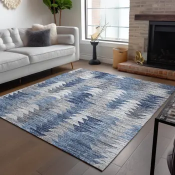 10' X 14' Navy Blue And Sky Blue Geometric Washable Indoor Outdoor Area Rug