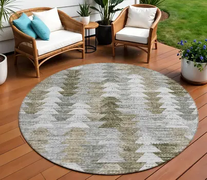 8' Brown Beige And Gray Round Geometric Washable Indoor Outdoor Area Rug