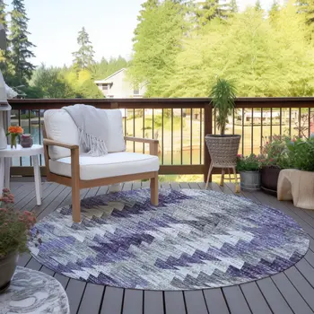 8' Purple Lavender And Gray Round Geometric Washable Indoor Outdoor Area Rug