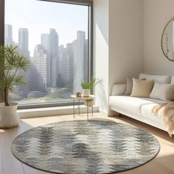 8' Taupe Beige And Tan Round Geometric Washable Indoor Outdoor Area Rug