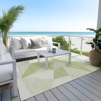 5' X 8' Artichoke Green Mint Green And Sage Geometric Washable Indoor Outdoor Area Rug