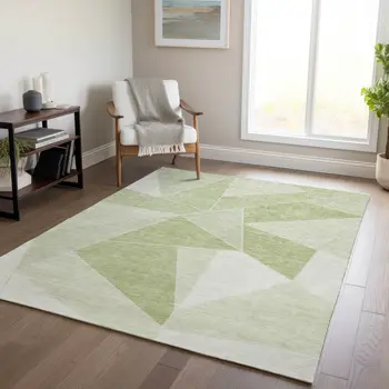5' X 8' Artichoke Green Mint Green And Sage Geometric Washable Indoor Outdoor Area Rug