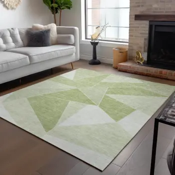 5' X 8' Artichoke Green Mint Green And Sage Geometric Washable Indoor Outdoor Area Rug