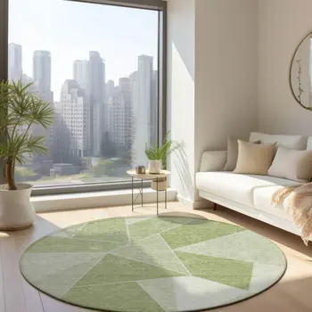 8' Artichoke Green Mint Green And Sage Round Geometric Washable Indoor Outdoor Area Rug