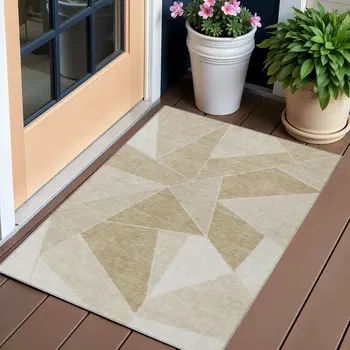 3' X 5' Beige Tan And Ivory Geometric Washable Indoor Outdoor Area Rug