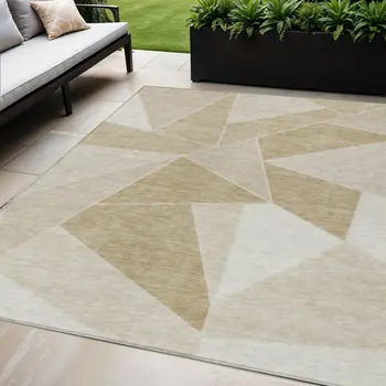 5' X 8' Beige Tan And Ivory Geometric Washable Indoor Outdoor Area Rug