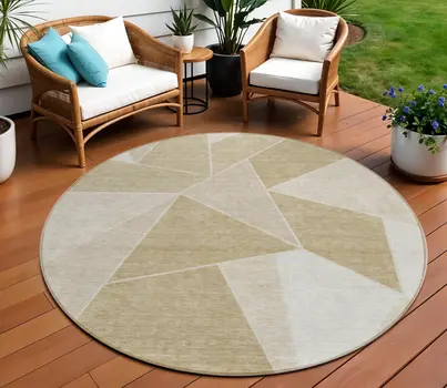8' Beige Tan And Ivory Round Geometric Washable Indoor Outdoor Area Rug