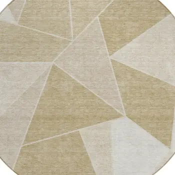 8' Beige Tan And Ivory Round Geometric Washable Indoor Outdoor Area Rug