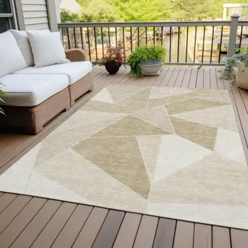 8' X 10' Beige Tan And Ivory Geometric Washable Indoor Outdoor Area Rug