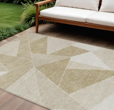 9' X 12' Beige Tan And Ivory Geometric Washable Indoor Outdoor Area Rug