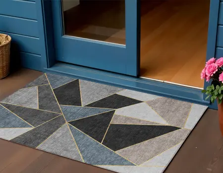 3' X 5' Blue Charcoal And Gray Geometric Washable Indoor Outdoor Area Rug