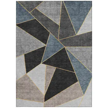 3' X 5' Blue Charcoal And Gray Geometric Washable Indoor Outdoor Area Rug