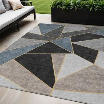 5' X 8' Blue Charcoal And Gray Geometric Washable Indoor Outdoor Area Rug