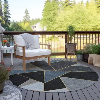 8' Blue Charcoal And Gray Round Geometric Washable Indoor Outdoor Area Rug