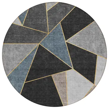 8' Blue Charcoal And Gray Round Geometric Washable Indoor Outdoor Area Rug