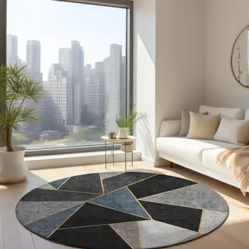 8' Blue Charcoal And Gray Round Geometric Washable Indoor Outdoor Area Rug