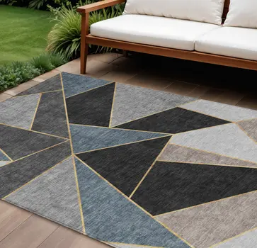 8' X 10' Blue Charcoal And Gray Geometric Washable Indoor Outdoor Area Rug