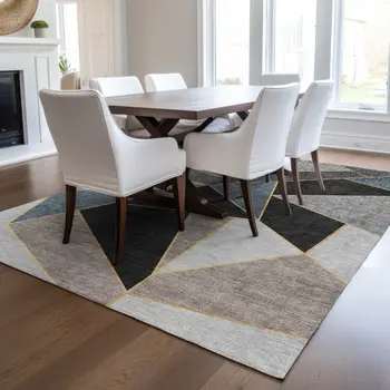 9' X 12' Blue Charcoal And Gray Geometric Washable Indoor Outdoor Area Rug
