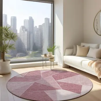 8' Blush Pink And Ivory Round Geometric Washable Indoor Outdoor Area Rug