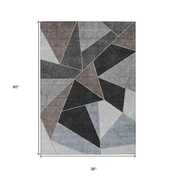 3' X 5' Chocolate Gray And Charcoal Geometric Washable Indoor Outdoor Area Rug