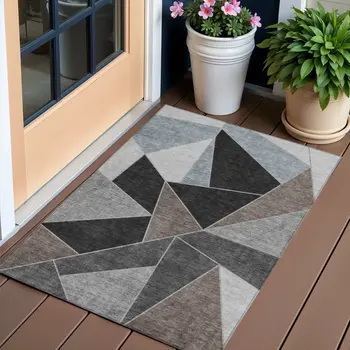 3' X 5' Chocolate Gray And Charcoal Geometric Washable Indoor Outdoor Area Rug