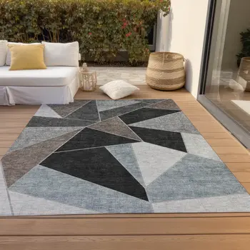 3' X 5' Chocolate Gray And Charcoal Geometric Washable Indoor Outdoor Area Rug