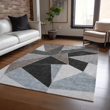 5' X 8' Chocolate Gray And Charcoal Geometric Washable Indoor Outdoor Area Rug