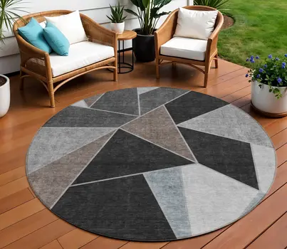 8' Chocolate Gray And Charcoal Round Geometric Washable Indoor Outdoor Area Rug