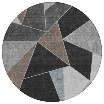 8' Chocolate Gray And Charcoal Round Geometric Washable Indoor Outdoor Area Rug