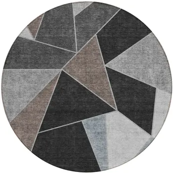 8' Chocolate Gray And Charcoal Round Geometric Washable Indoor Outdoor Area Rug