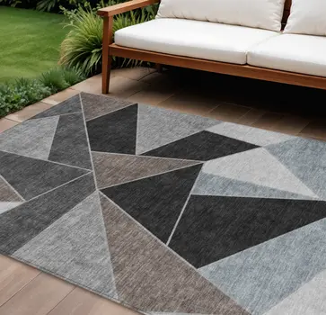 9' X 12' Chocolate Gray And Charcoal Geometric Washable Indoor Outdoor Area Rug