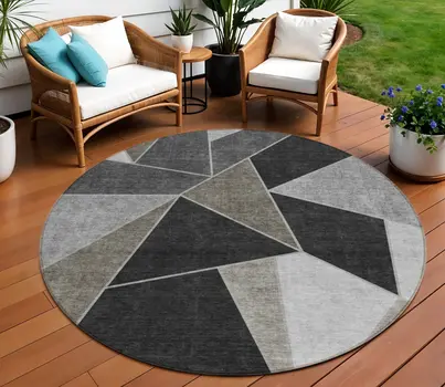 8' Coffee Charcoal And Gray Round Geometric Washable Indoor Outdoor Area Rug