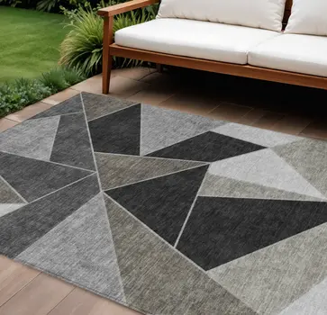 8' X 10' Coffee Charcoal And Gray Geometric Washable Indoor Outdoor Area Rug